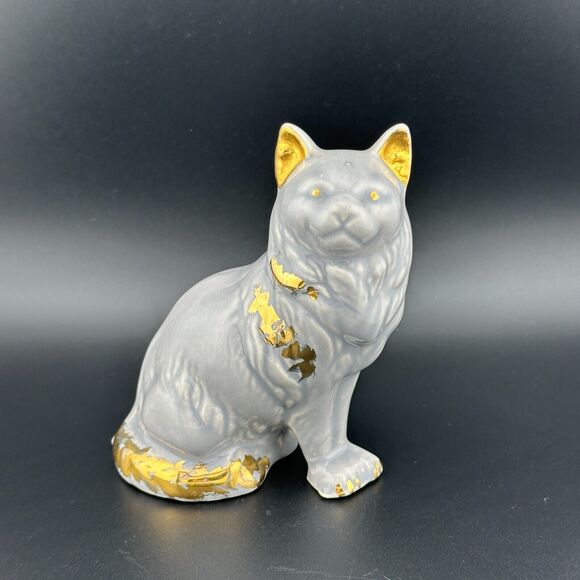 Vintage Porcelain Hand-painted Gold on Gray Sitting Cat Figurine 4.25" H - Picture 5 of 10
